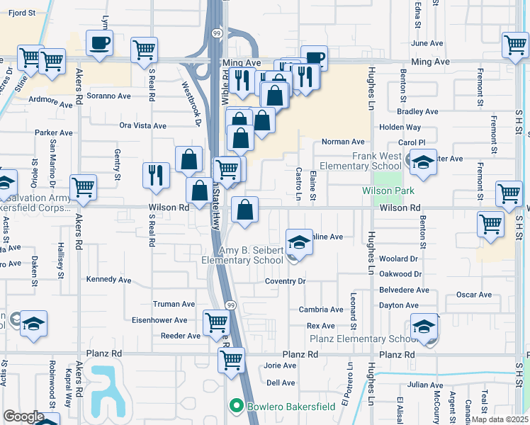 map of restaurants, bars, coffee shops, grocery stores, and more near 3100 Wilson Road in Bakersfield