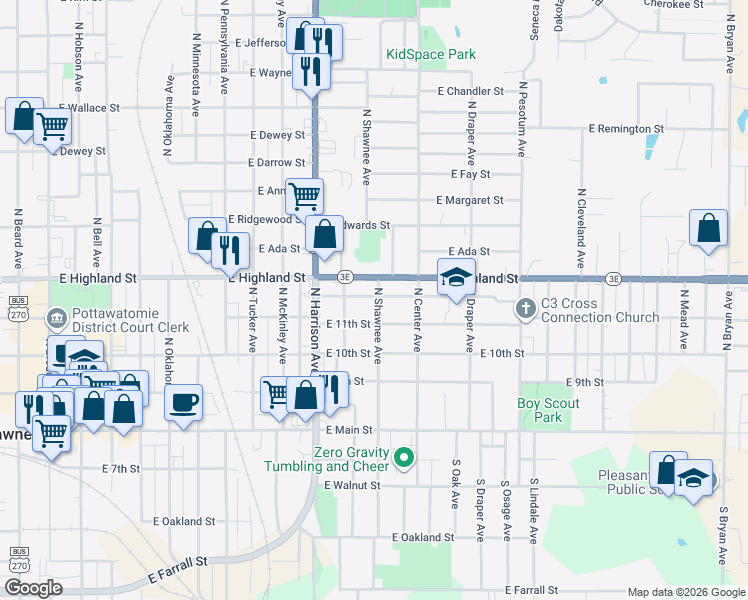 map of restaurants, bars, coffee shops, grocery stores, and more near 1105 Oklahoma 3E in Shawnee
