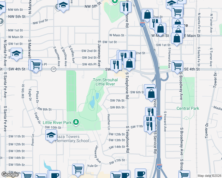 map of restaurants, bars, coffee shops, grocery stores, and more near 645 Southwest 6th Street in Moore