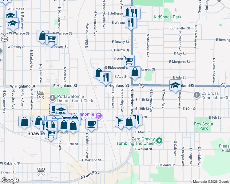 map of restaurants, bars, coffee shops, grocery stores, and more near 409 North Tucker Avenue in Shawnee