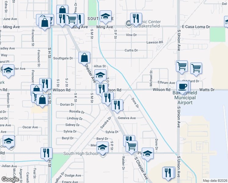 map of restaurants, bars, coffee shops, grocery stores, and more near 830 Wilson Road in Bakersfield