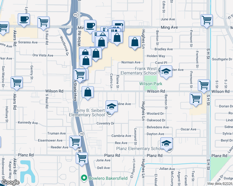 map of restaurants, bars, coffee shops, grocery stores, and more near 2800 Wilson Road in Bakersfield