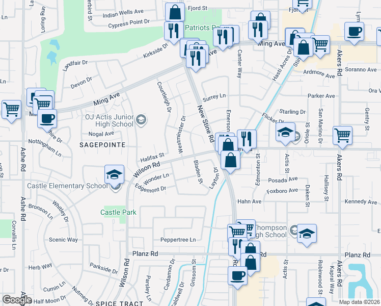 map of restaurants, bars, coffee shops, grocery stores, and more near 2404 Westminster Drive in Bakersfield