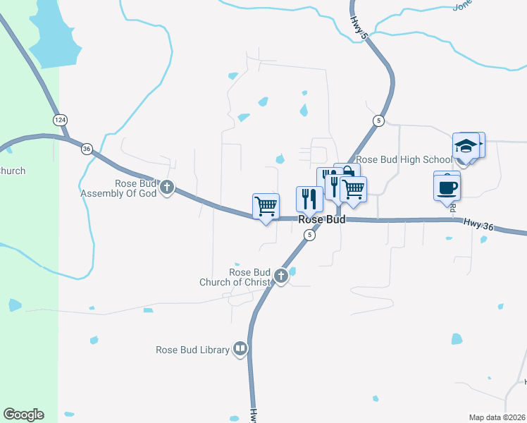 map of restaurants, bars, coffee shops, grocery stores, and more near 6056 Arkansas 36 in Rose Bud