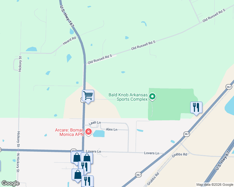 map of restaurants, bars, coffee shops, grocery stores, and more near 232 Highway 167 Lane North in Bald Knob