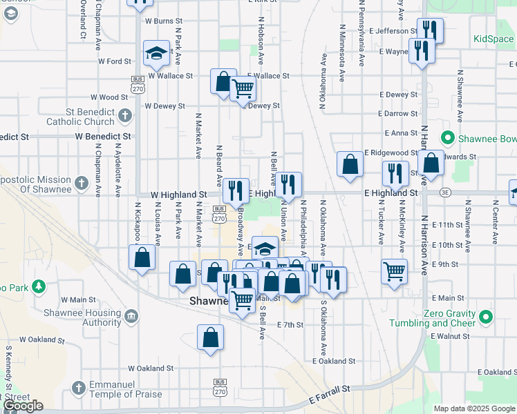 map of restaurants, bars, coffee shops, grocery stores, and more near 100 East Highland Street in Shawnee