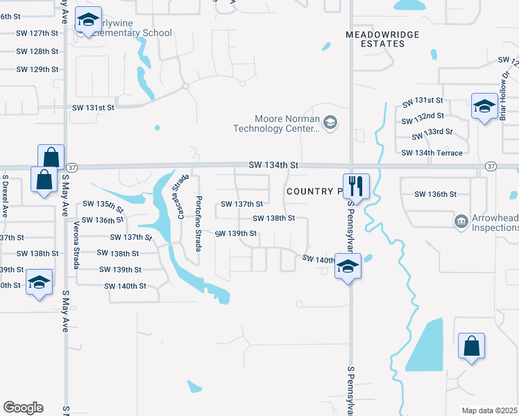map of restaurants, bars, coffee shops, grocery stores, and more near 2329 Southwest 137th Street in Oklahoma City