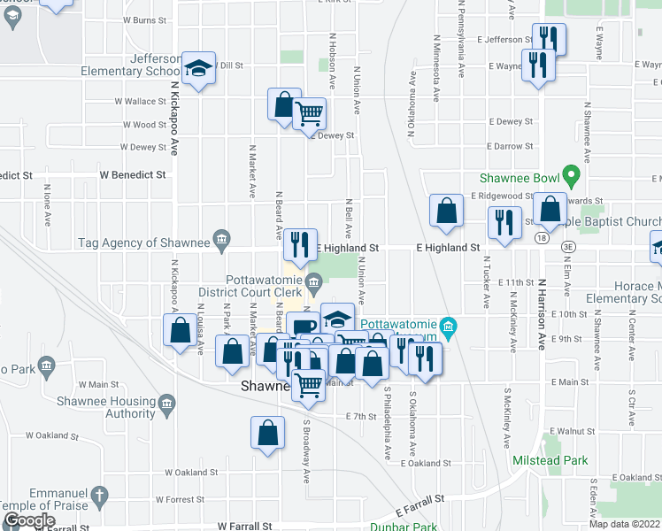 map of restaurants, bars, coffee shops, grocery stores, and more near 100 East Highland Street in Shawnee
