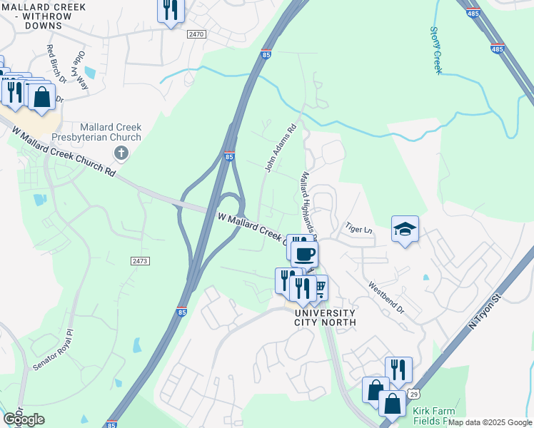 map of restaurants, bars, coffee shops, grocery stores, and more near 934 West Mallard Creek Church Road in Charlotte