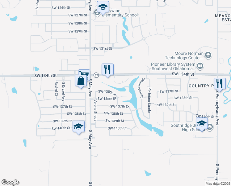map of restaurants, bars, coffee shops, grocery stores, and more near 2705 Southwest 135th Street in Oklahoma City