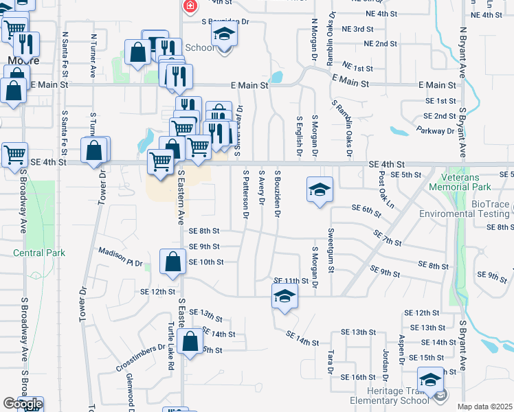 map of restaurants, bars, coffee shops, grocery stores, and more near 709 South Avery Drive in Moore