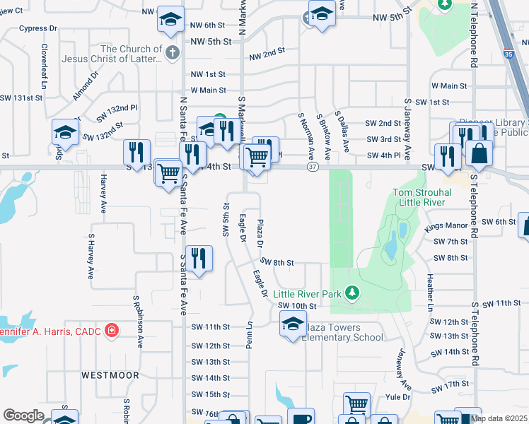 map of restaurants, bars, coffee shops, grocery stores, and more near 608 Plaza Drive in Moore