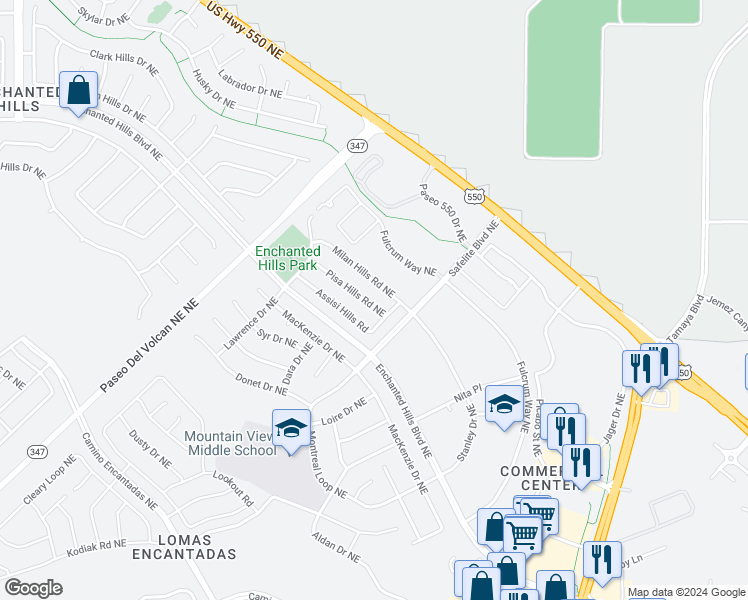 map of restaurants, bars, coffee shops, grocery stores, and more near 7261 Pisa Hills Road Northeast in Rio Rancho