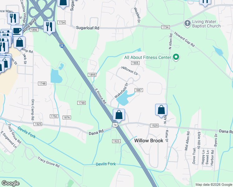 map of restaurants, bars, coffee shops, grocery stores, and more near 22 Dove Valley Lane in Hendersonville