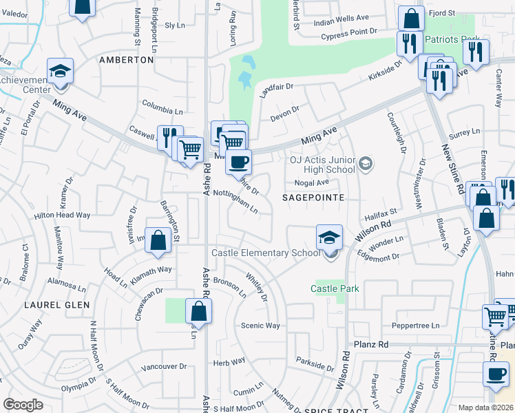 map of restaurants, bars, coffee shops, grocery stores, and more near 2413 Cheshire Drive in Bakersfield