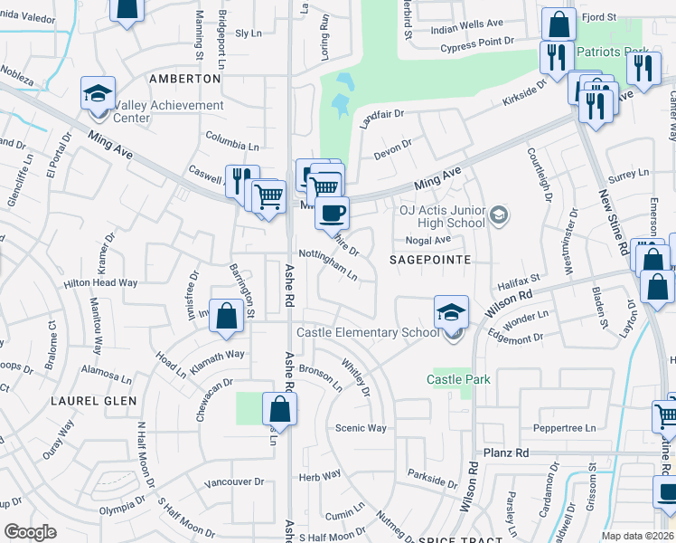 map of restaurants, bars, coffee shops, grocery stores, and more near 2413 Cheshire Drive in Bakersfield