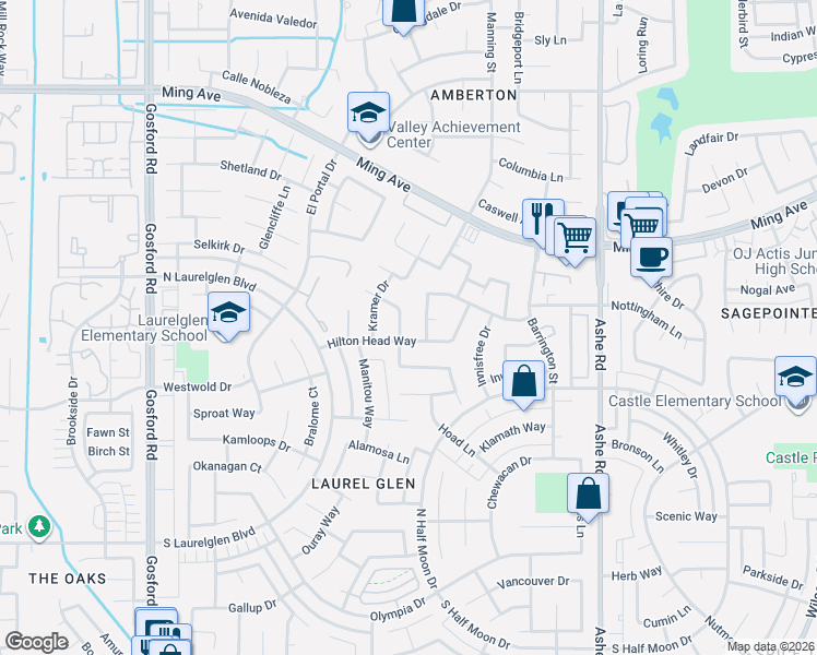 map of restaurants, bars, coffee shops, grocery stores, and more near 2504 Moffitt Way in Bakersfield
