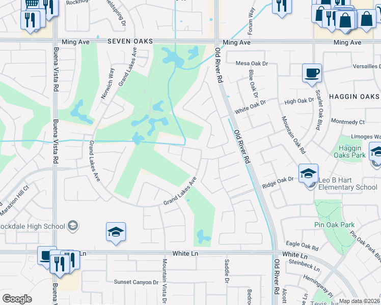 map of restaurants, bars, coffee shops, grocery stores, and more near 10206 Coram Drive in Bakersfield