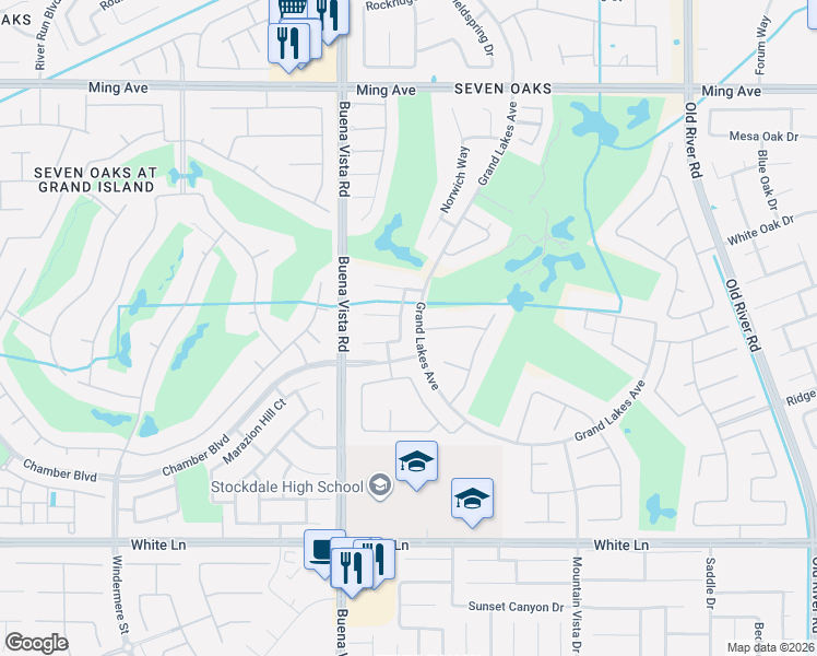 map of restaurants, bars, coffee shops, grocery stores, and more near 2416 Dover Hill Drive in Bakersfield