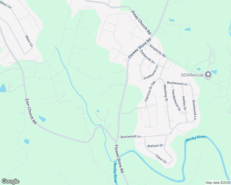 map of restaurants, bars, coffee shops, grocery stores, and more near 6050 Flowes Store Road in Concord