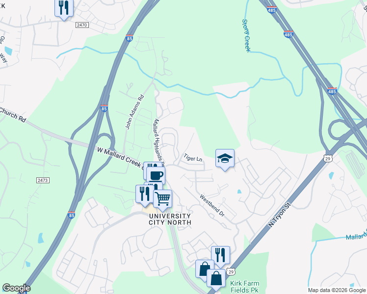 map of restaurants, bars, coffee shops, grocery stores, and more near 10259 Garrett Grigg Road in Charlotte