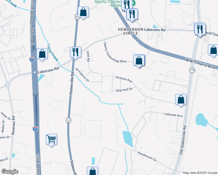 map of restaurants, bars, coffee shops, grocery stores, and more near 8032 Dow Road in Charlotte
