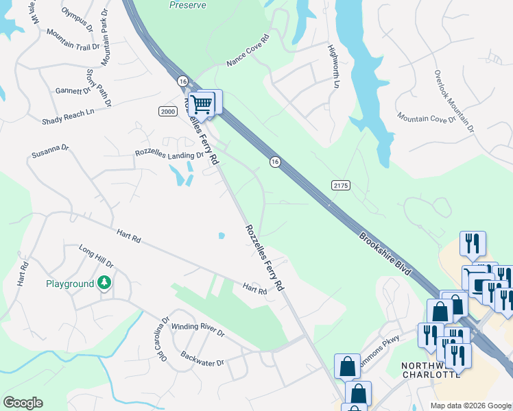 map of restaurants, bars, coffee shops, grocery stores, and more near 11304 Rozzelles Ferry Road in Charlotte