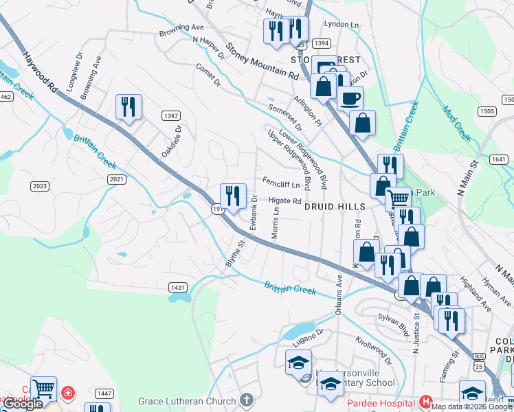 map of restaurants, bars, coffee shops, grocery stores, and more near 623 Higate Road in Hendersonville
