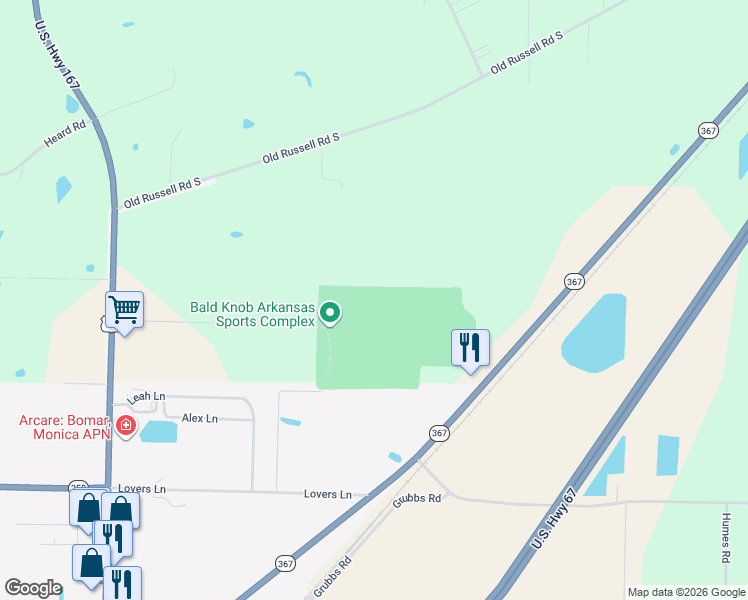 map of restaurants, bars, coffee shops, grocery stores, and more near 200 Old Russell Road South in Bald Knob