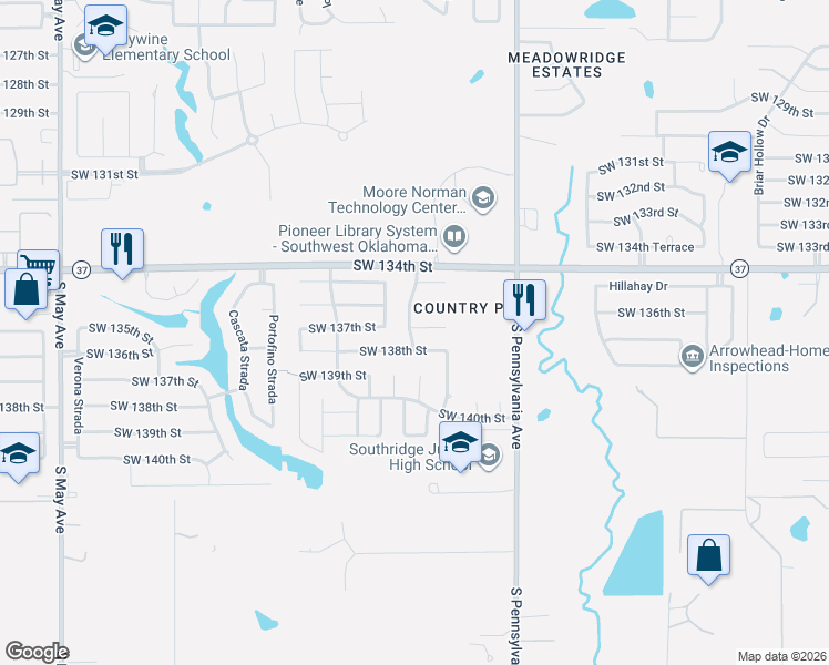 map of restaurants, bars, coffee shops, grocery stores, and more near 2221 Southwest 137th Place in Oklahoma City