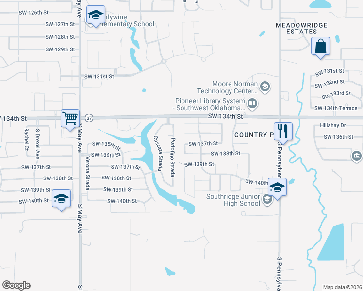 map of restaurants, bars, coffee shops, grocery stores, and more near 13608 Portofino Strada in Oklahoma City