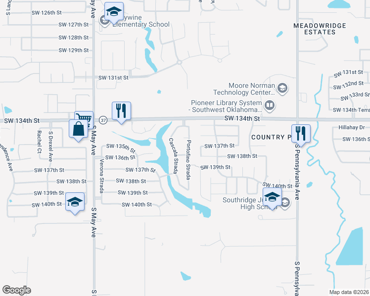 map of restaurants, bars, coffee shops, grocery stores, and more near 13608 Portofino Strada in Oklahoma City