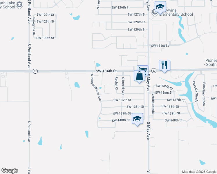 map of restaurants, bars, coffee shops, grocery stores, and more near 3121 Southwest 136th Terrace in Oklahoma City