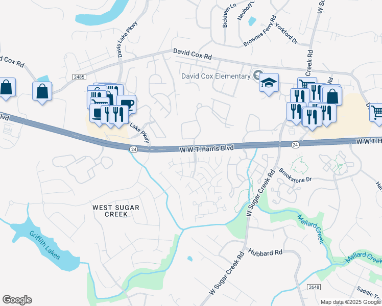 map of restaurants, bars, coffee shops, grocery stores, and more near 4511 West W.T.Harris Boulevard in Charlotte