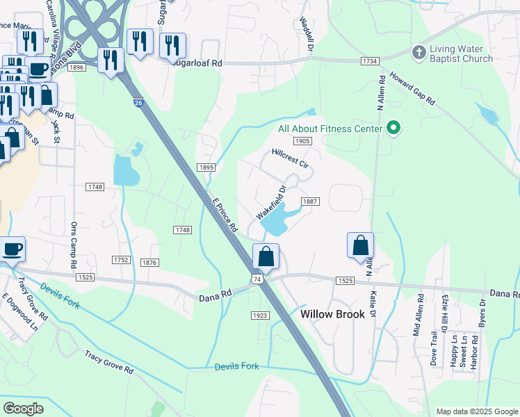 map of restaurants, bars, coffee shops, grocery stores, and more near 25 Dove Valley Lane in Hendersonville