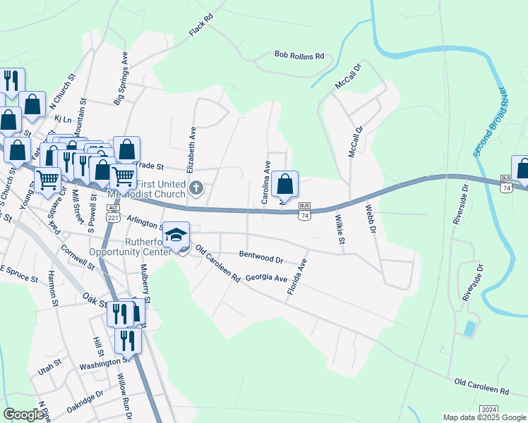 map of restaurants, bars, coffee shops, grocery stores, and more near McBrayer Court in Forest City