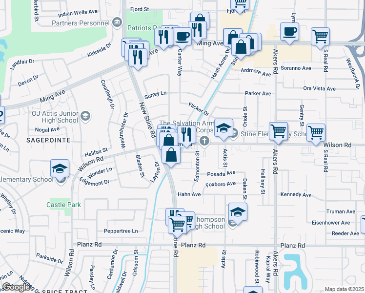 map of restaurants, bars, coffee shops, grocery stores, and more near 2436 Hasti Acres Drive in Bakersfield