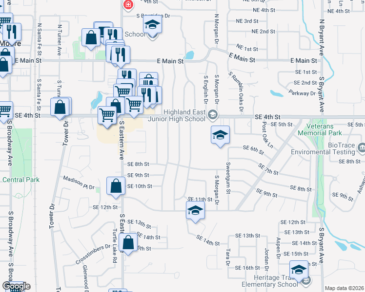map of restaurants, bars, coffee shops, grocery stores, and more near 616 South Avery Drive in Moore