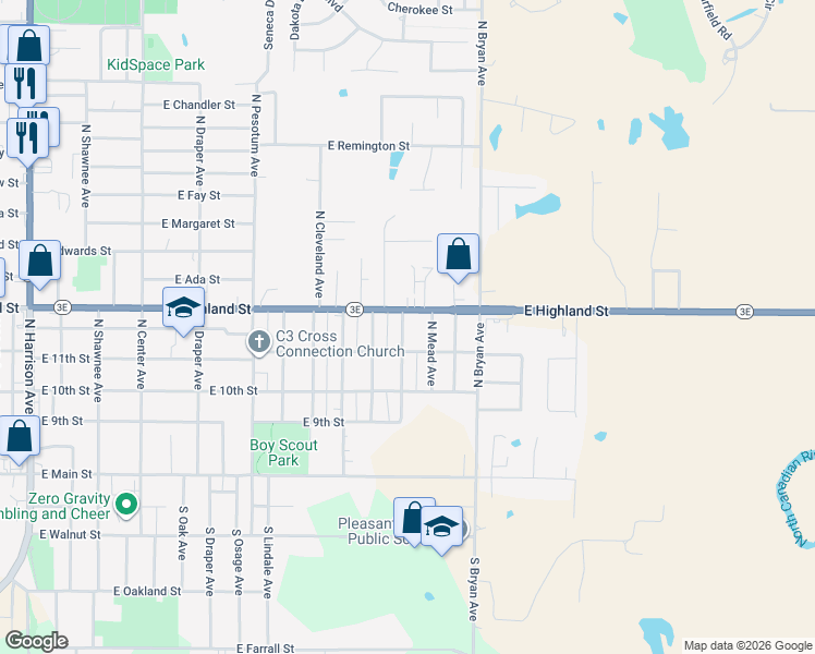 map of restaurants, bars, coffee shops, grocery stores, and more near 1901 East Highland Street in Shawnee