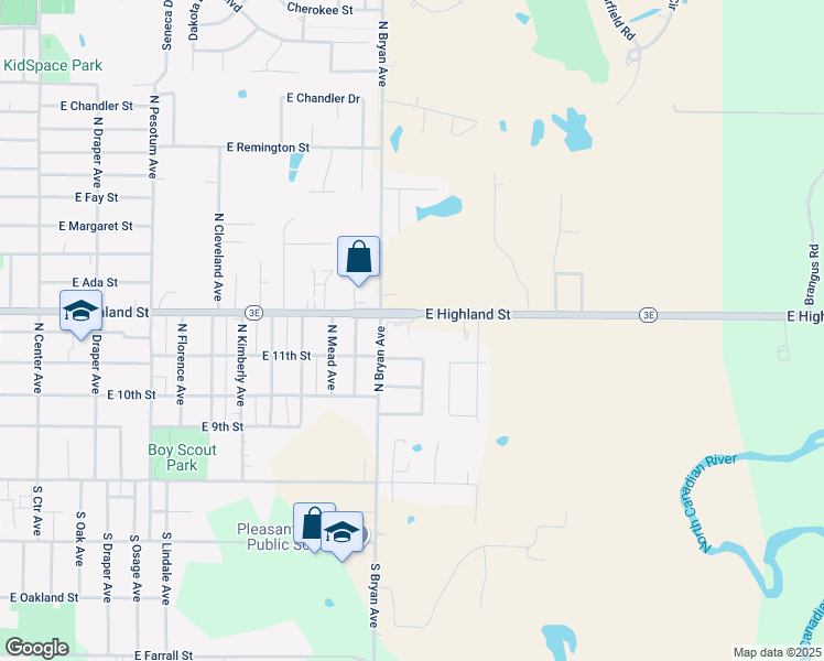 map of restaurants, bars, coffee shops, grocery stores, and more near 2301 E Highland St in Shawnee