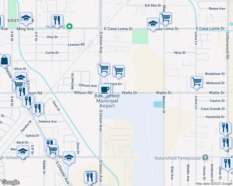 map of restaurants, bars, coffee shops, grocery stores, and more near Watts Drive in Bakersfield