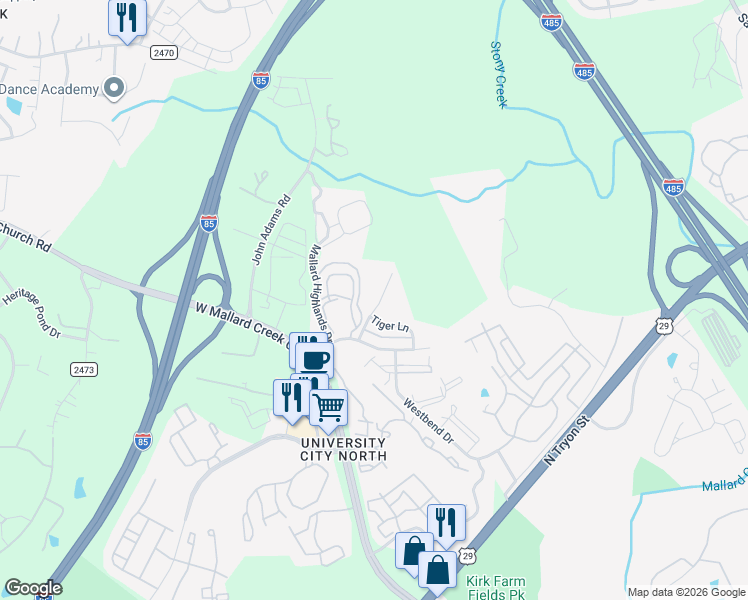 map of restaurants, bars, coffee shops, grocery stores, and more near 10259 Garrett Grigg Road in Charlotte