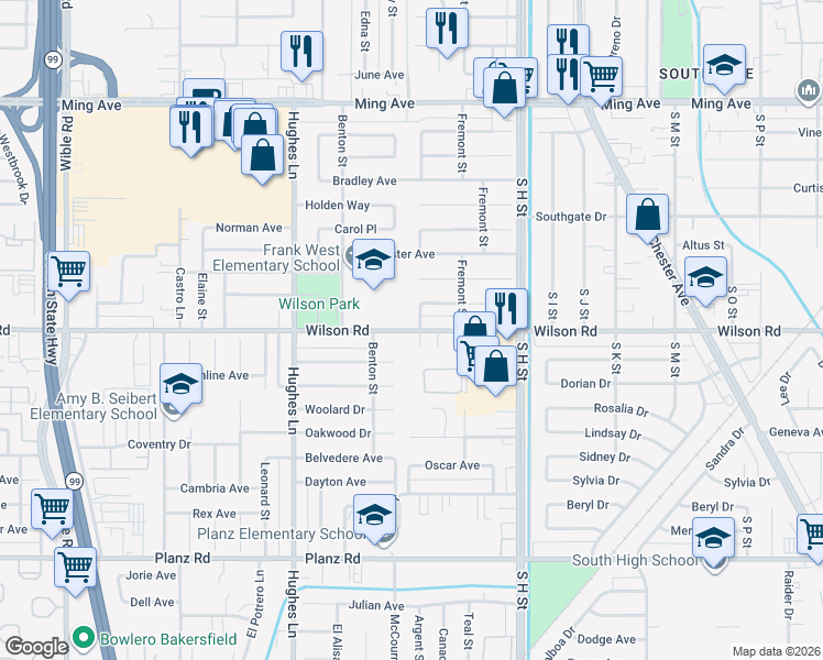 map of restaurants, bars, coffee shops, grocery stores, and more near 2420 Marshall Street in Bakersfield