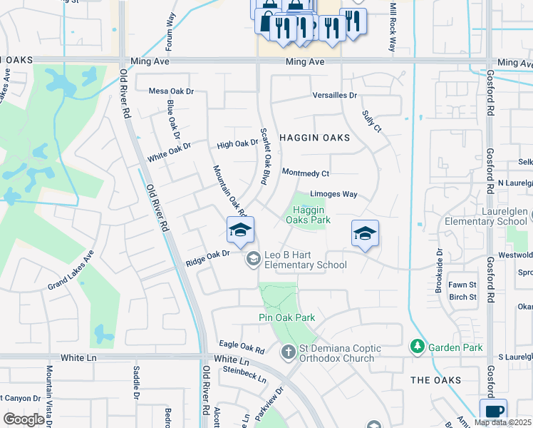 map of restaurants, bars, coffee shops, grocery stores, and more near 2501 Nantes Way in Bakersfield