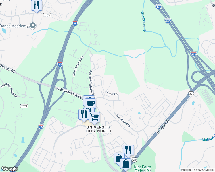 map of restaurants, bars, coffee shops, grocery stores, and more near 10259 Garrett Grigg Road in Charlotte