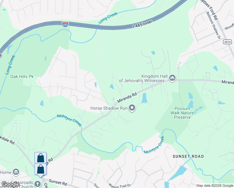 map of restaurants, bars, coffee shops, grocery stores, and more near 2835 Miranda Road in Charlotte