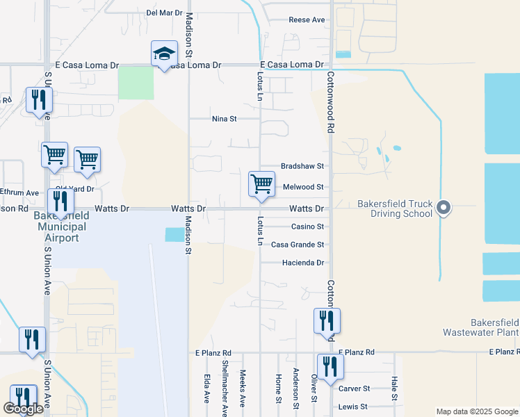 map of restaurants, bars, coffee shops, grocery stores, and more near Watts Drive in Bakersfield