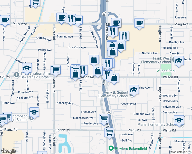 map of restaurants, bars, coffee shops, grocery stores, and more near Wilson Rd & Chandler Ct in Bakersfield