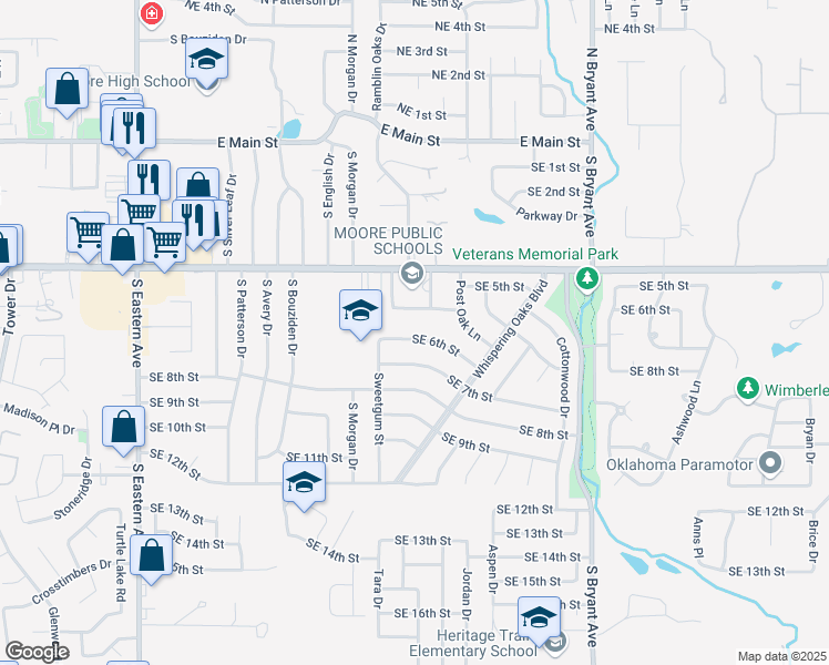 map of restaurants, bars, coffee shops, grocery stores, and more near 1501 Southeast 6th Street in Moore