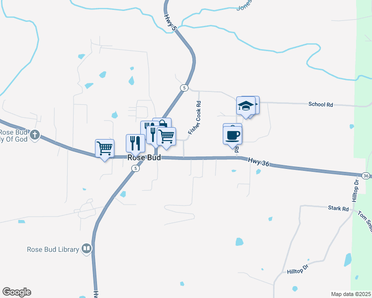 map of restaurants, bars, coffee shops, grocery stores, and more near 112 Church Avenue in Rose Bud